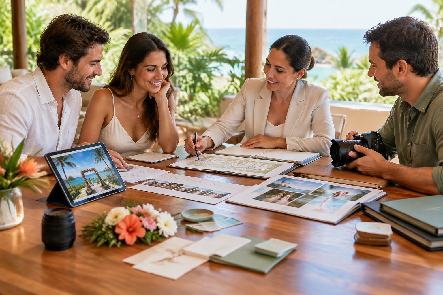 A couple meets with a wedding planner and photographer to review wedding plans at a tropical Costa Rican resort.