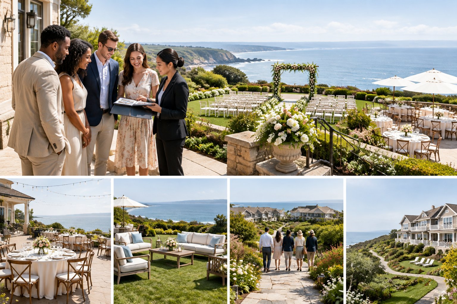 Couples and wedding planners explore an elegant coastal venue with gardens, ceremony space, and reception areas.