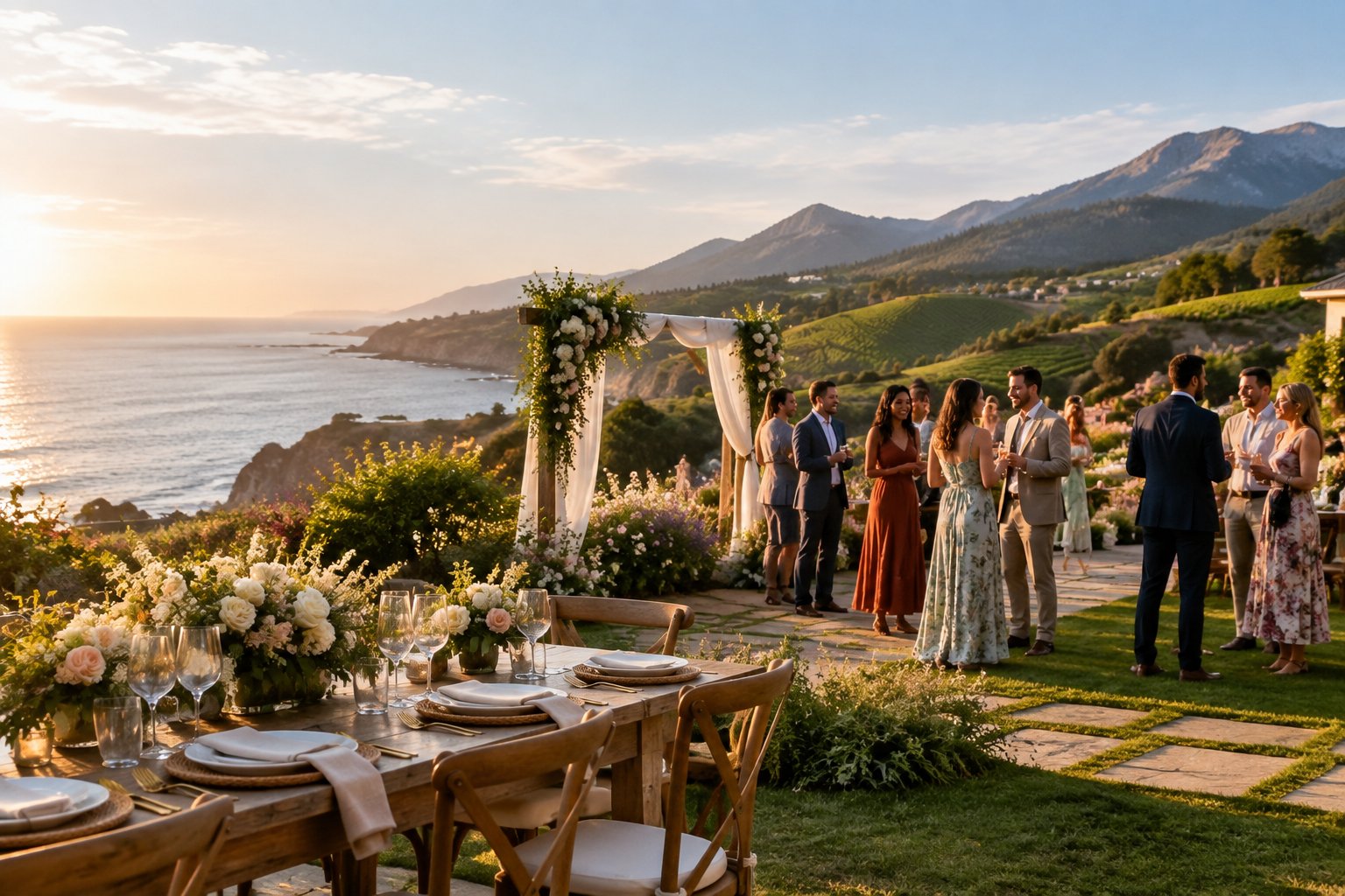 An elegant outdoor wedding celebration overlooking a scenic landscape with mountains, vineyards, and coastline.