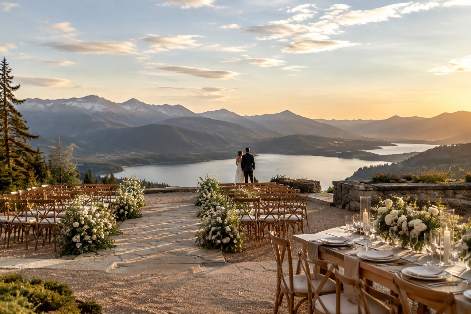 An elegant wedding venue overlooking a dramatic American landscape, with a decorated ceremony area and reception table.