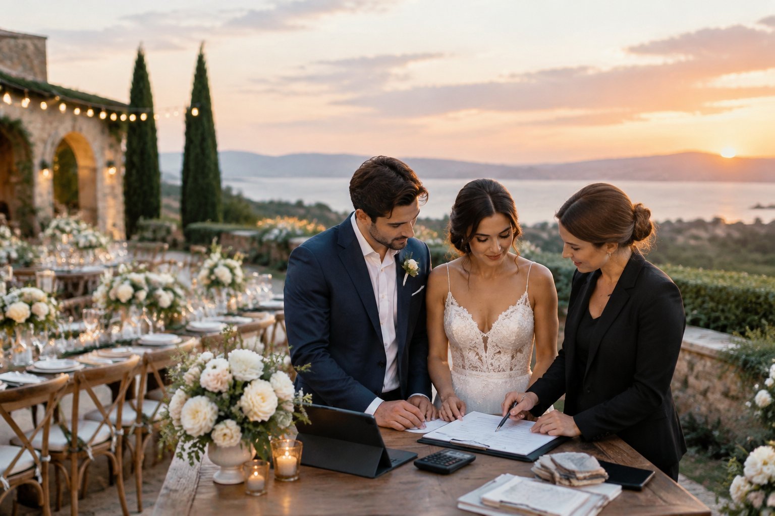 A couple reviews wedding plans with a coordinator at an elegant outdoor destination wedding venue.
