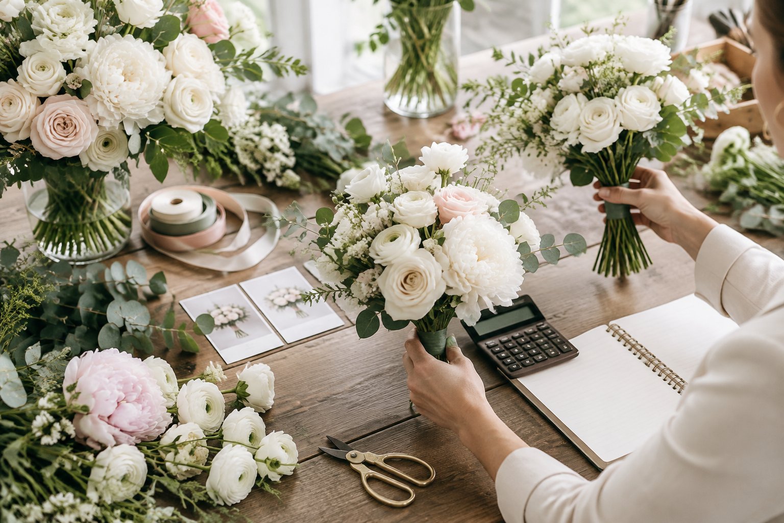 A florist arranges wedding flower samples beside floral tools and blank budgeting materials.