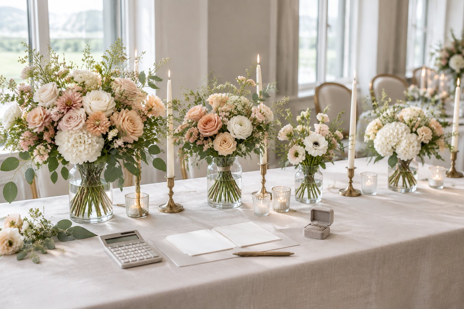 Wedding flowers and floral arrangements displayed with budgeting items on an elegant reception table.