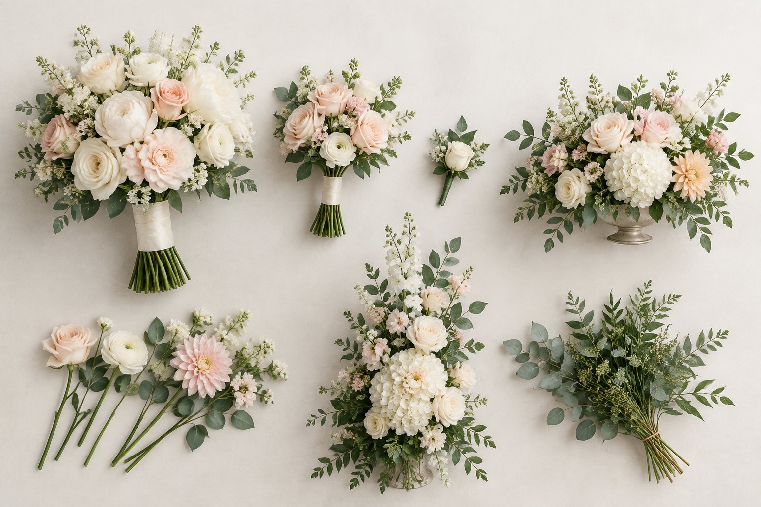 Wedding bouquets, boutonnieres, centerpieces, and loose flowers arranged on a light surface.