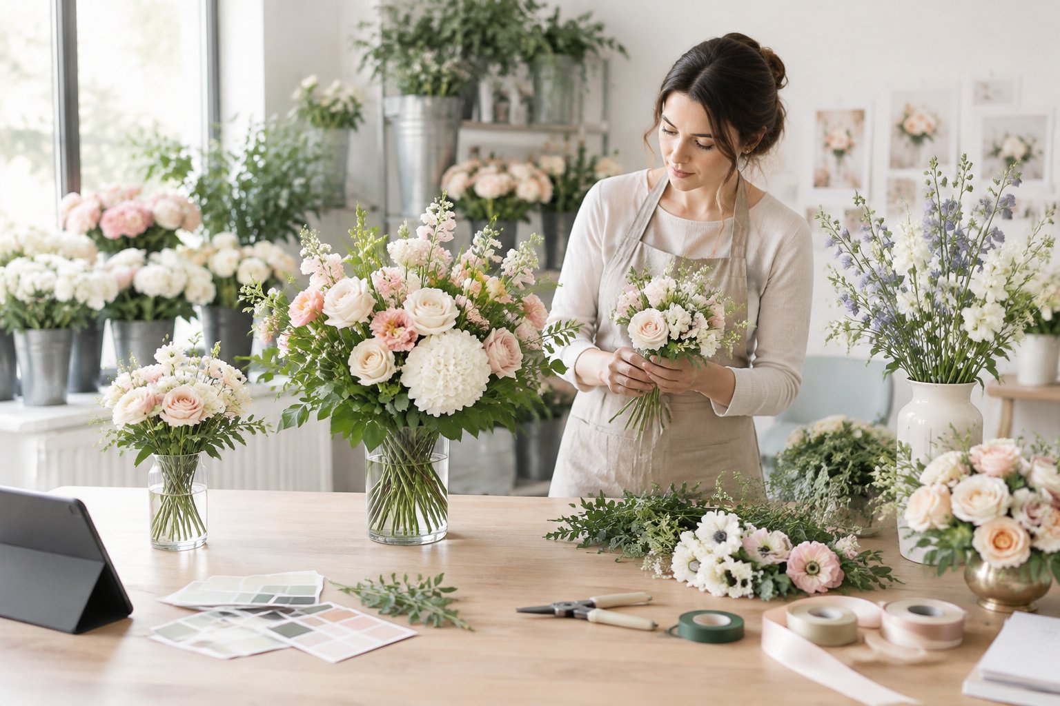 A florist compares simple and elaborate wedding flower arrangements in a bright studio.