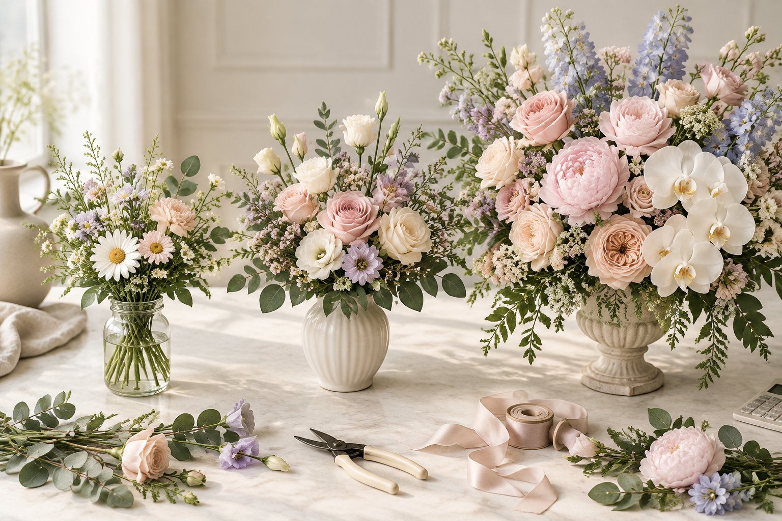 Three wedding floral arrangements arranged from simple and budget-friendly to lush and luxurious on a tabletop.