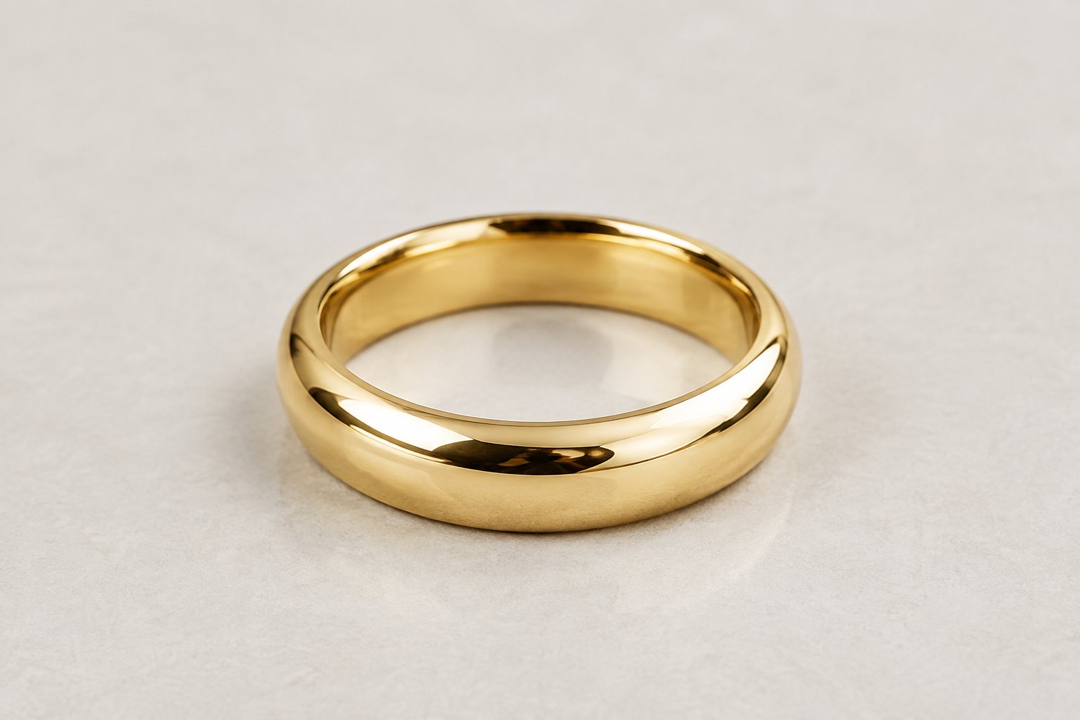 A polished wedding band resting on a light-colored jewelry display surface.
