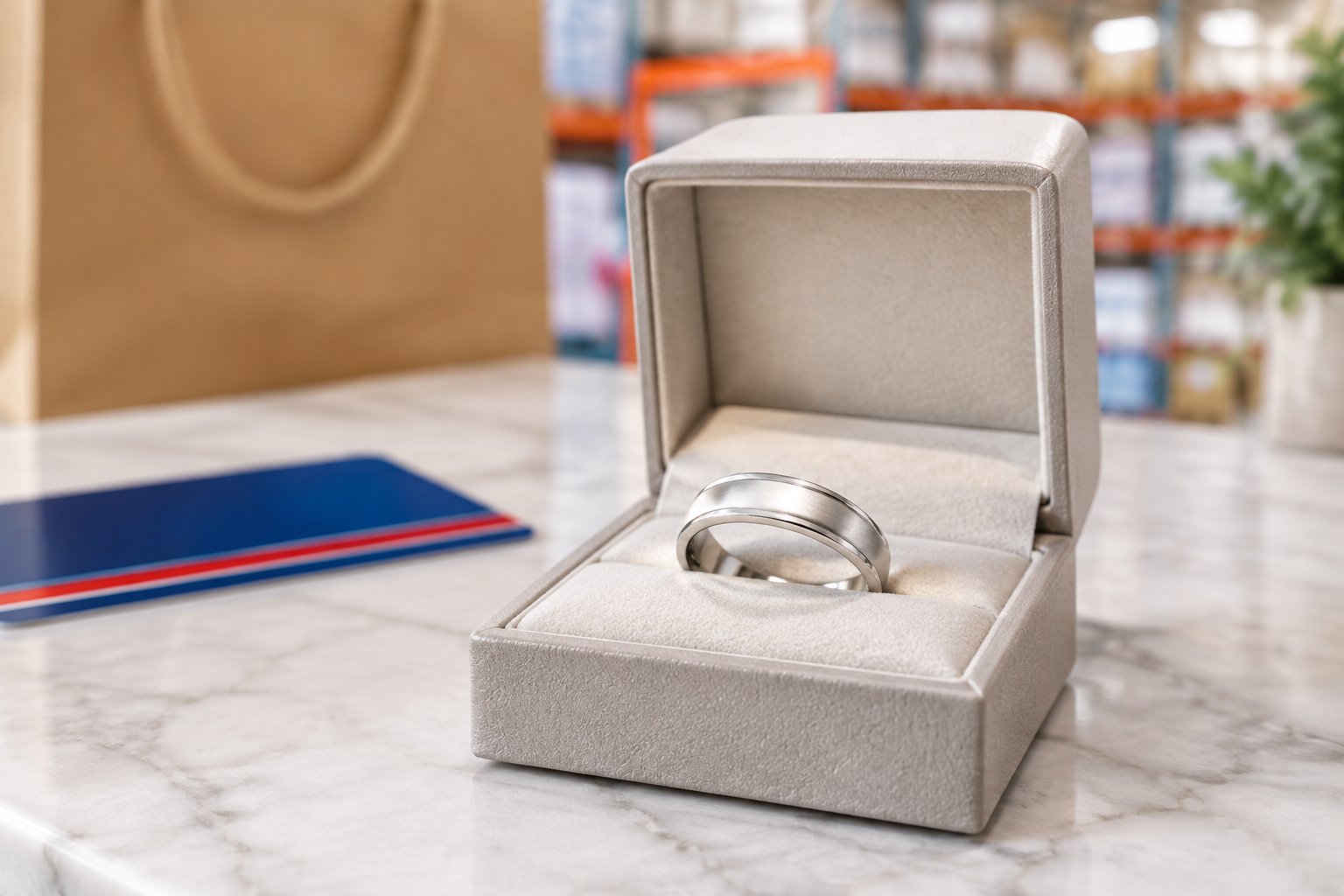 A polished wedding band displayed in an open jewelry box on a marble surface.