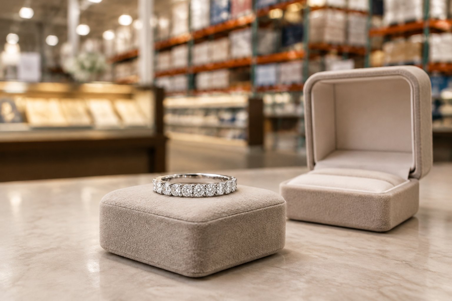 A diamond wedding band displayed in an open ring box beside a jewelry cushion.