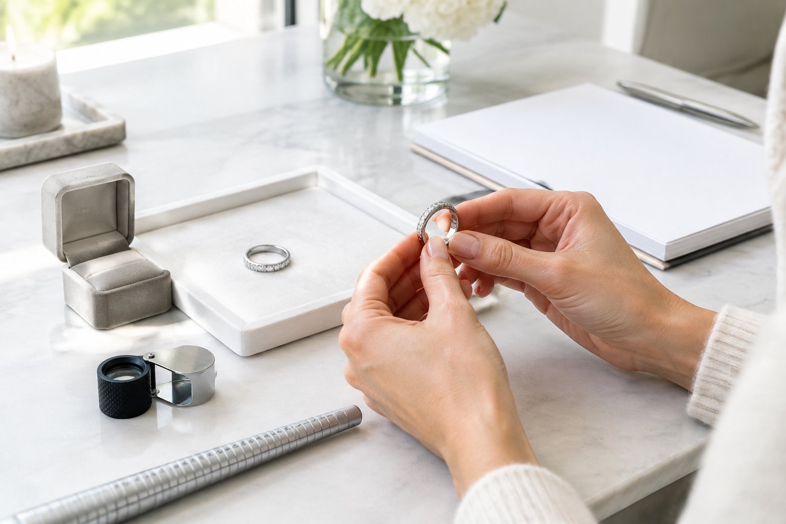 A person examines a wedding band with a magnifying loupe and measuring tool on a jeweler’s tray.