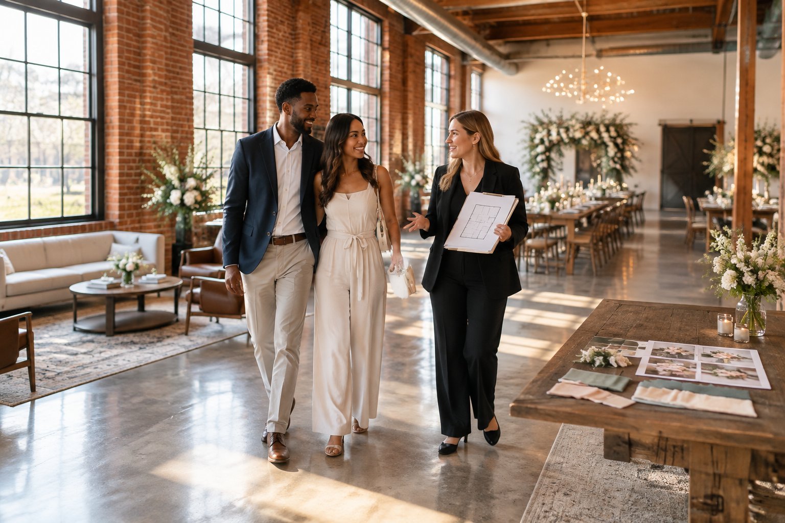 A couple explores a distinctive wedding venue with a coordinator.