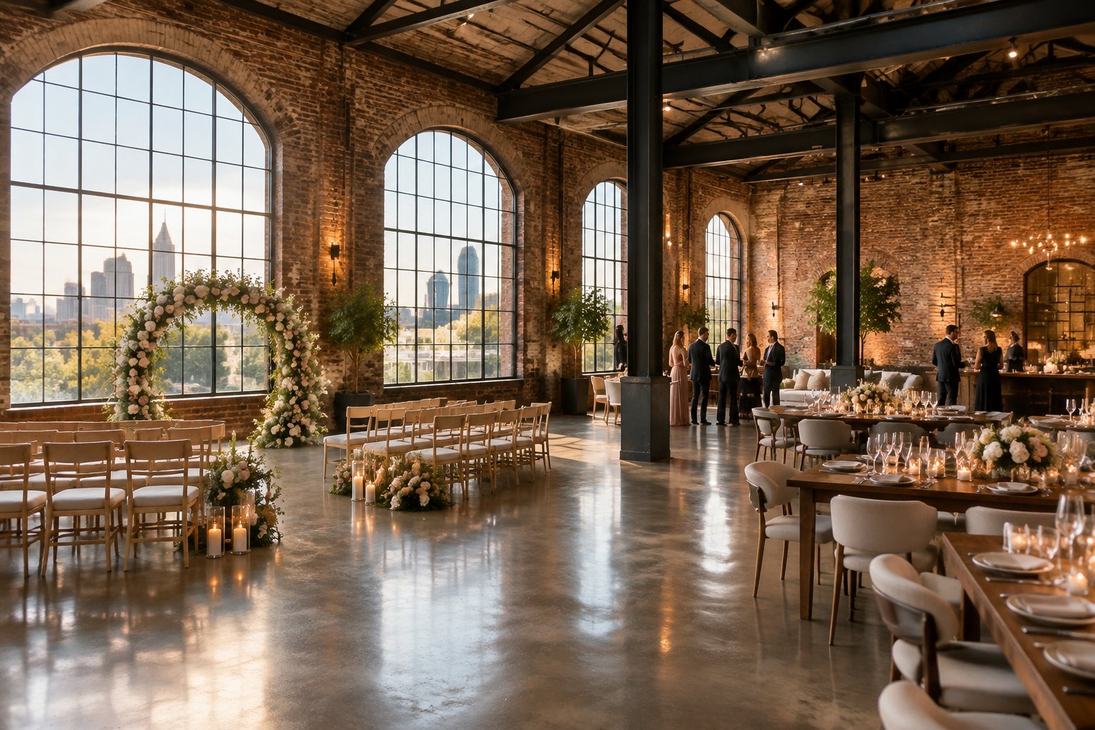 Elegant wedding reception in a restored Dallas industrial venue with exposed brick, steel beams, tall windows, and floral decor.