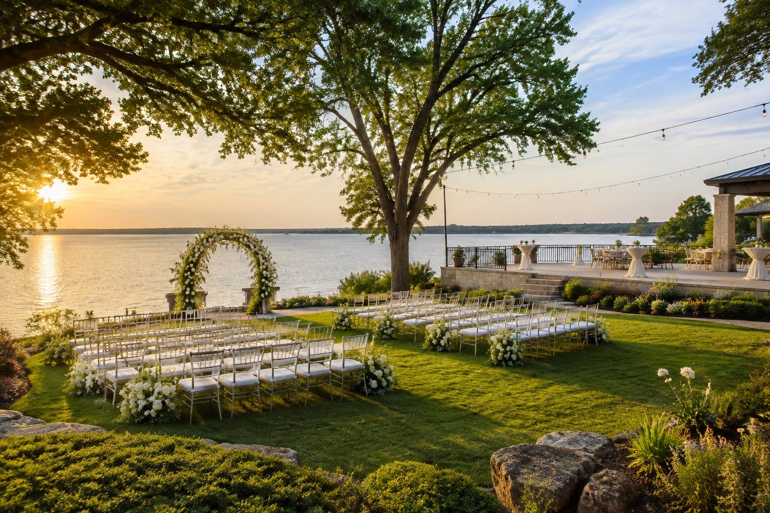 An elegant outdoor wedding venue with a flower-covered arch, garden seating, and a calm waterfront view.