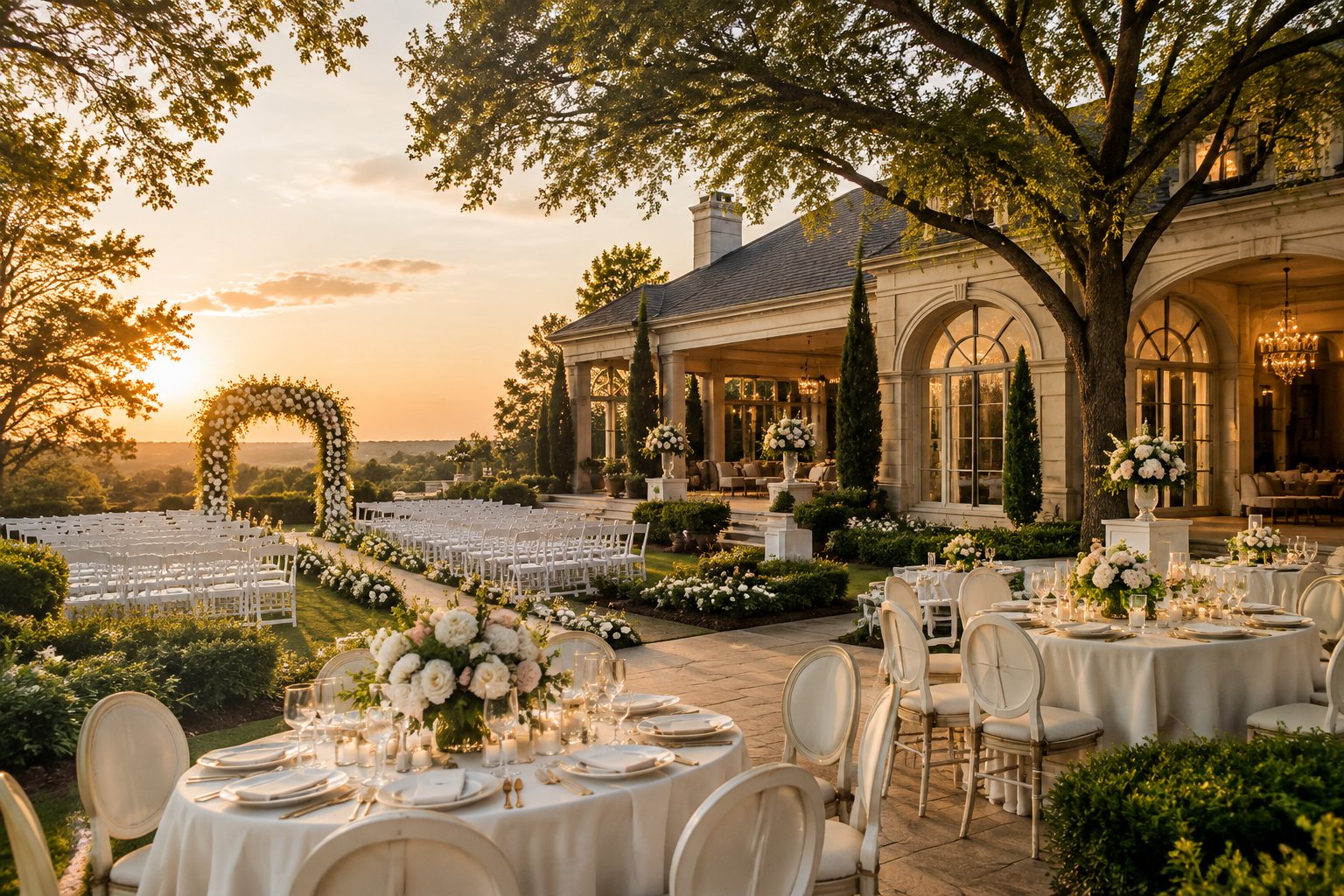 Elegant wedding reception setup at a grand estate or luxury hotel surrounded by manicured gardens.
