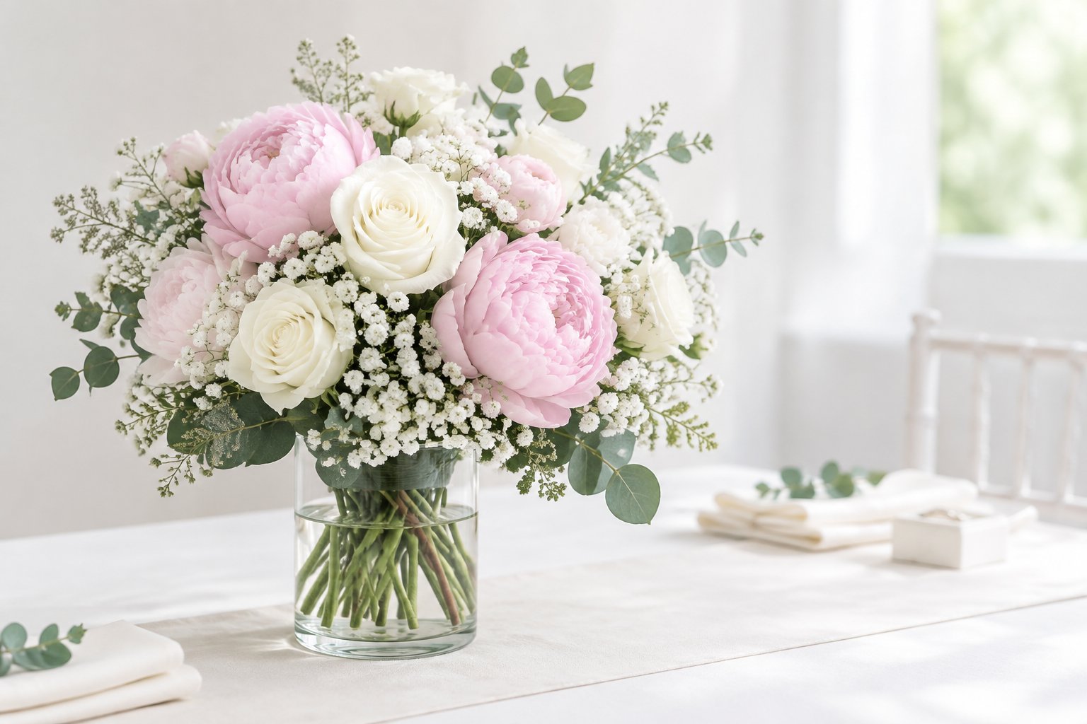 A white and blush wedding flower arrangement in a clear vase on a reception table.