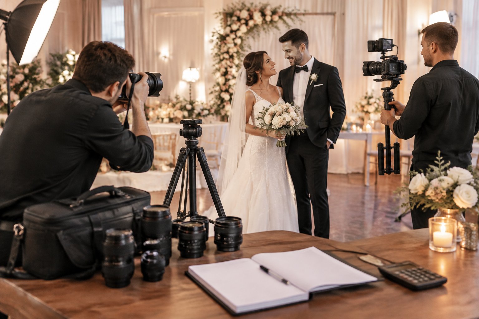 A bride and groom are photographed and filmed by professional wedding media specialists at an elegant reception.