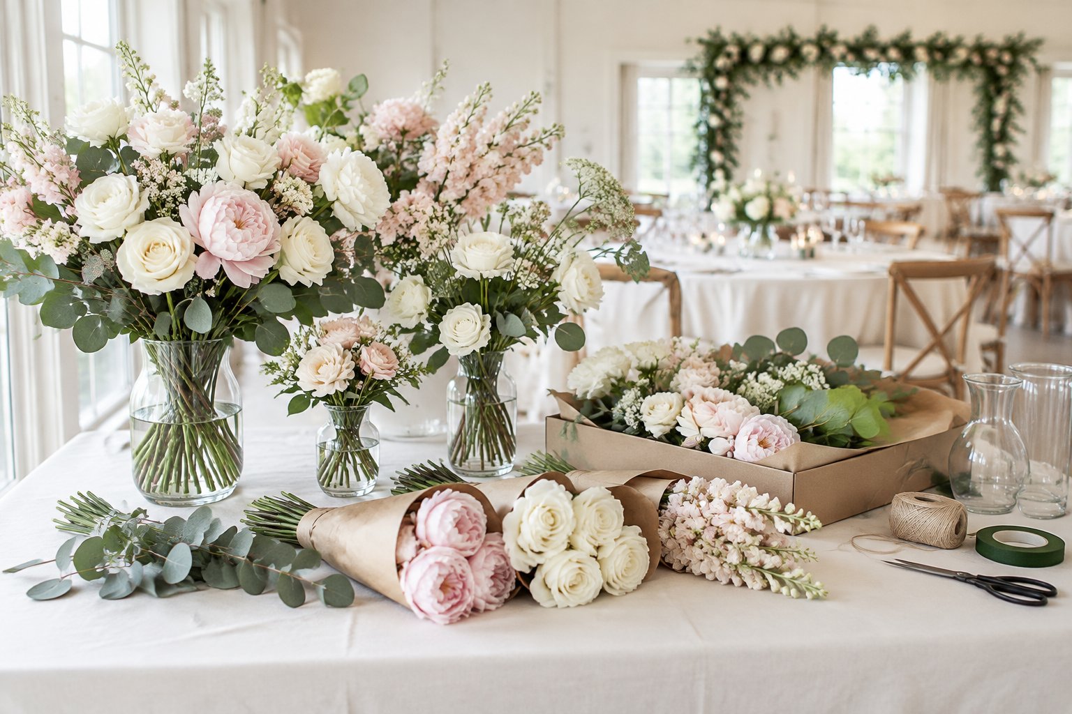 Wedding flowers arranged in vases and bouquets on a reception table beside bundled floral stems.