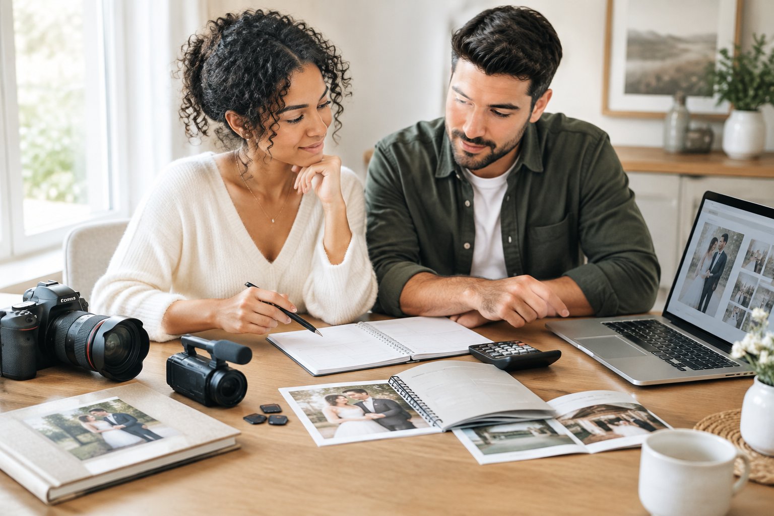A couple reviews wedding budget materials beside photography and video equipment.