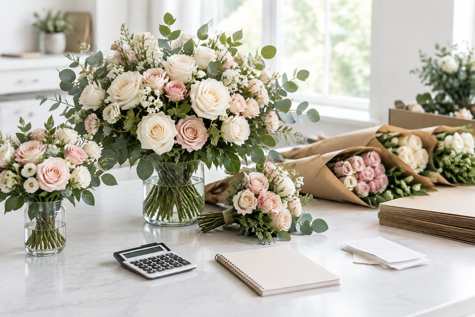 Wedding flower arrangements and bundled bouquets displayed beside a calculator and receipts.