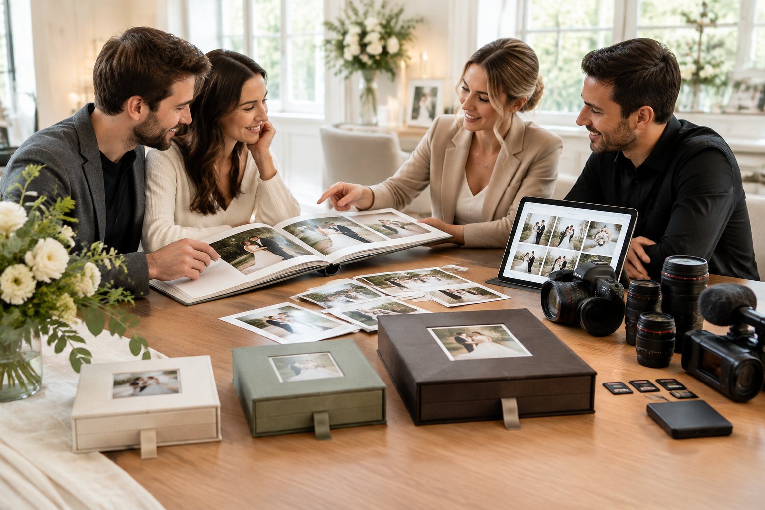 A wedding couple reviews photography albums and camera equipment with a professional photographer and videographer.