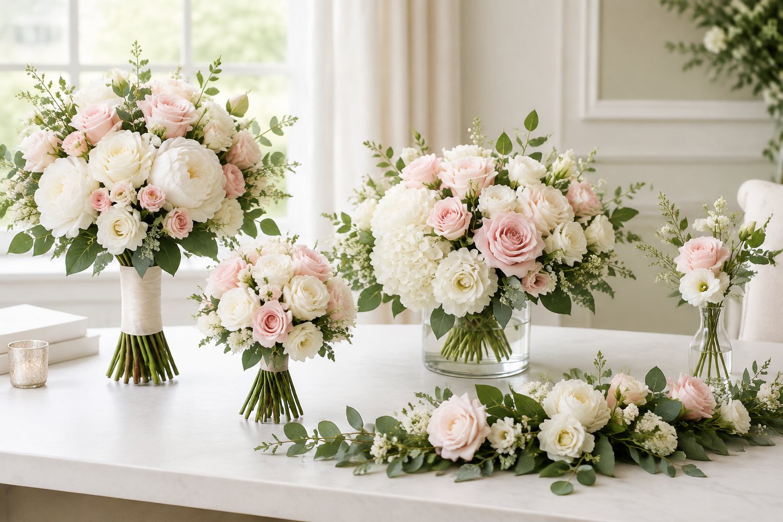 A selection of white and blush wedding flower bouquets and centerpieces displayed on a table.