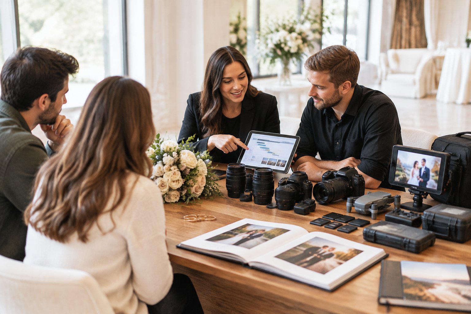 A wedding photography and videography team reviews equipment and planning materials beside wedding details.