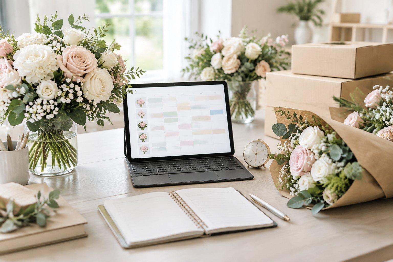 Wedding flowers and delivery boxes arranged beside a planner and tablet on a bright desk.