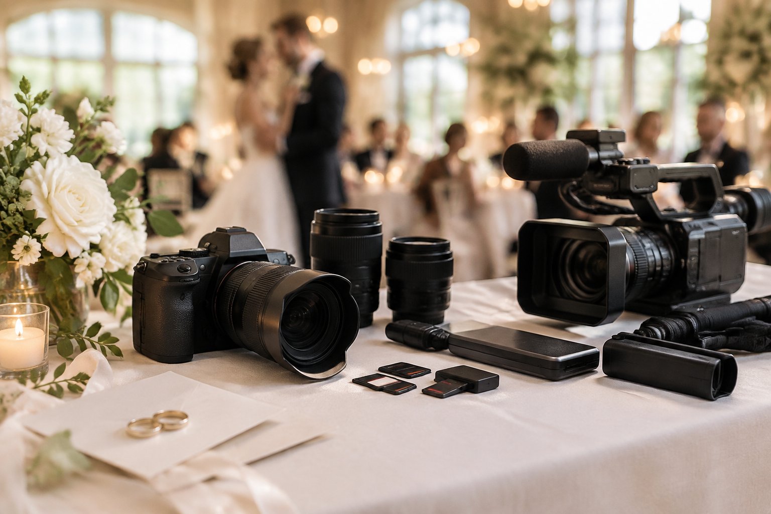 Professional camera and video equipment arranged beside elegant wedding details at a reception.