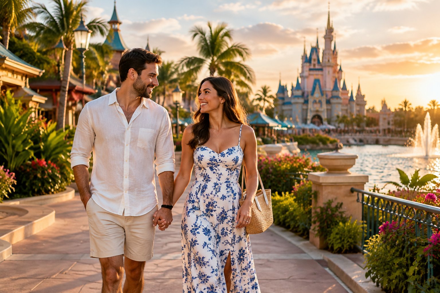 Newlywed couple walking hand in hand through a tropical resort near a distant fairytale-style castle.