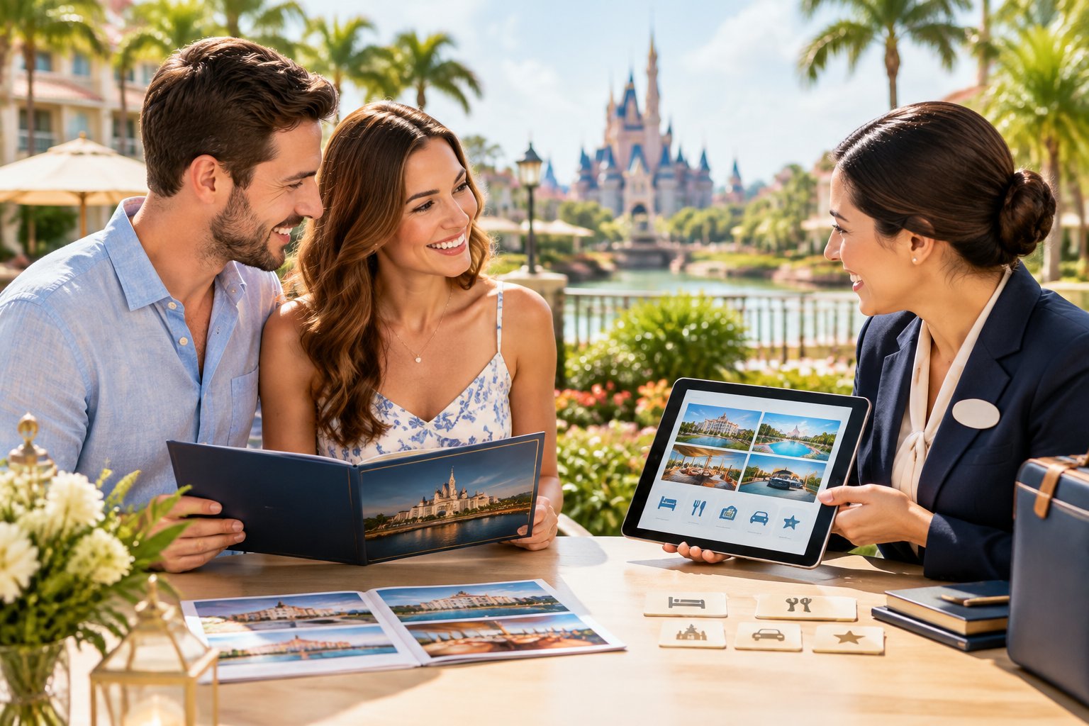 Newlywed couple reviews a resort vacation package with a concierge in a sunny Disney-inspired resort setting.