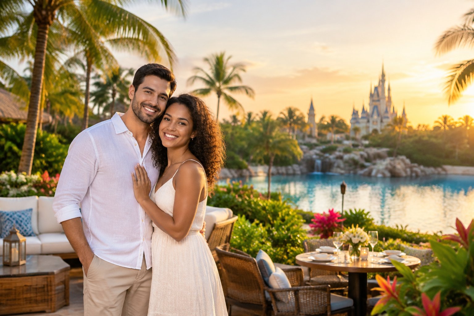 Newlywed couple enjoying a romantic tropical resort with a whimsical castle in the background.