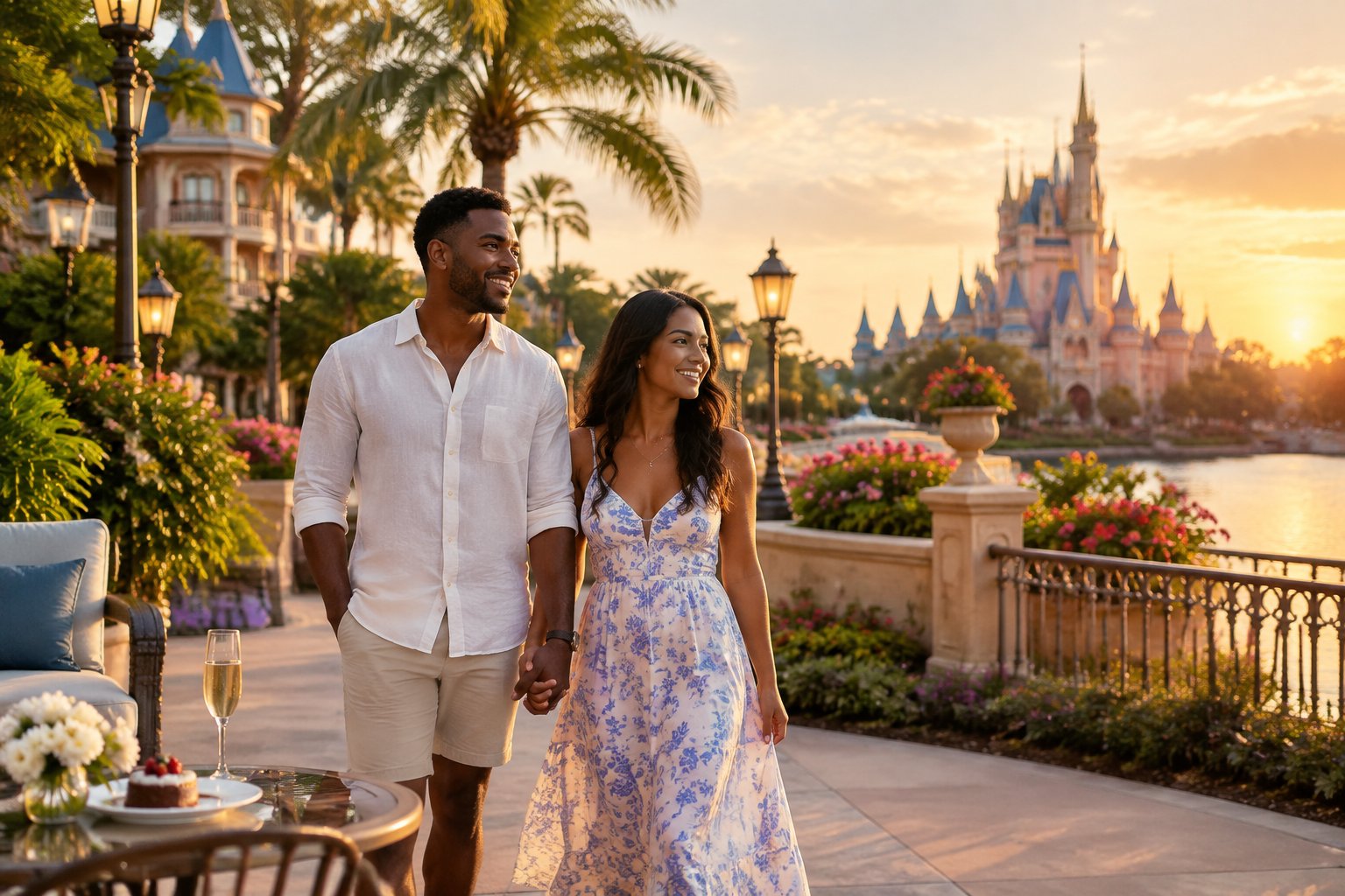 Newlywed couple walking hand in hand through a romantic fairytale-inspired resort at sunset.
