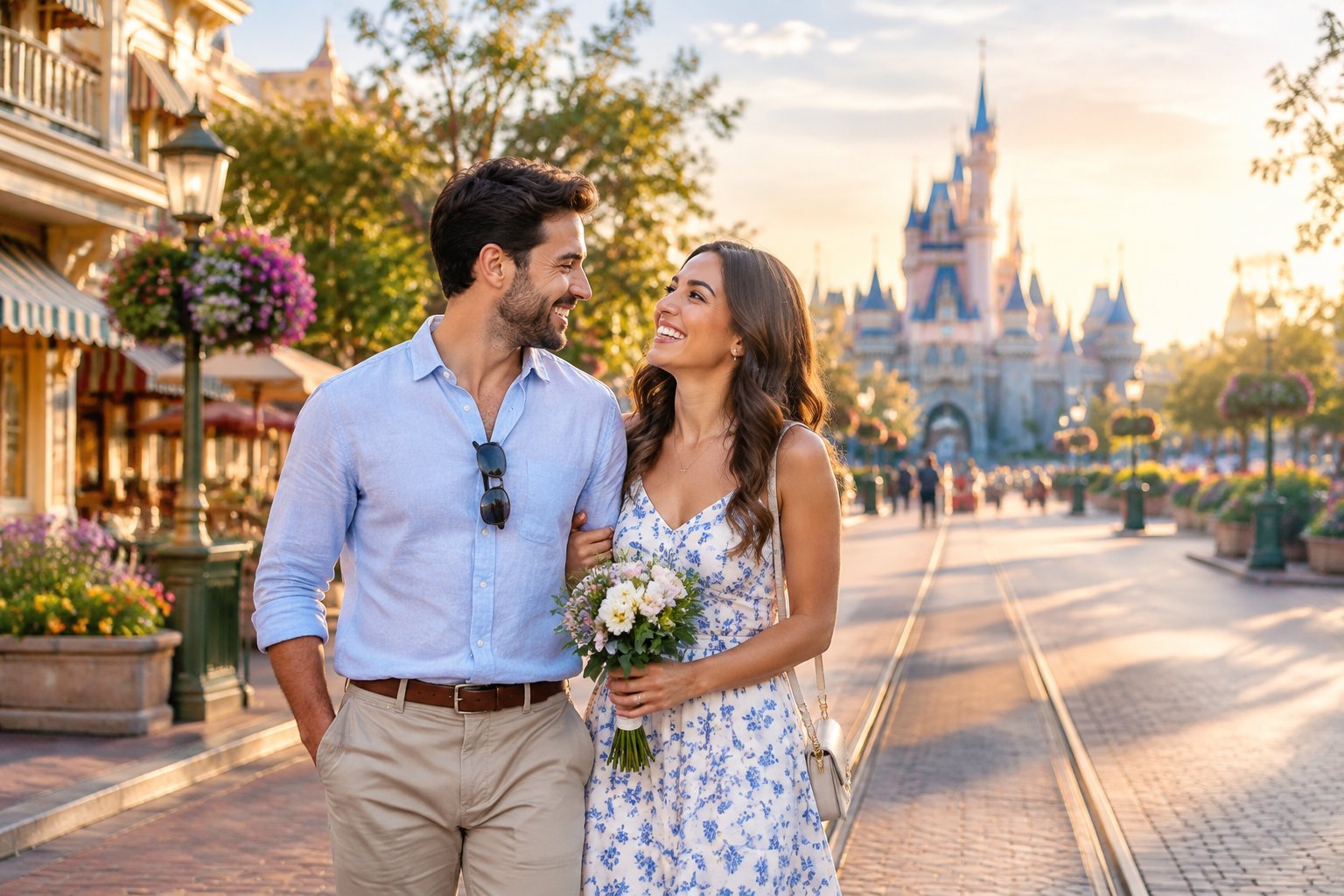 A newlywed couple enjoys a romantic day together at Disneyland Resort with Sleeping Beauty Castle in the background.