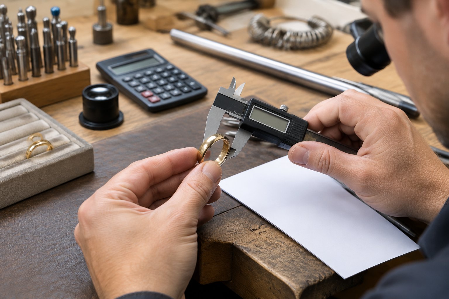 A jeweler measures a gold wedding band with precision tools on a workbench.
