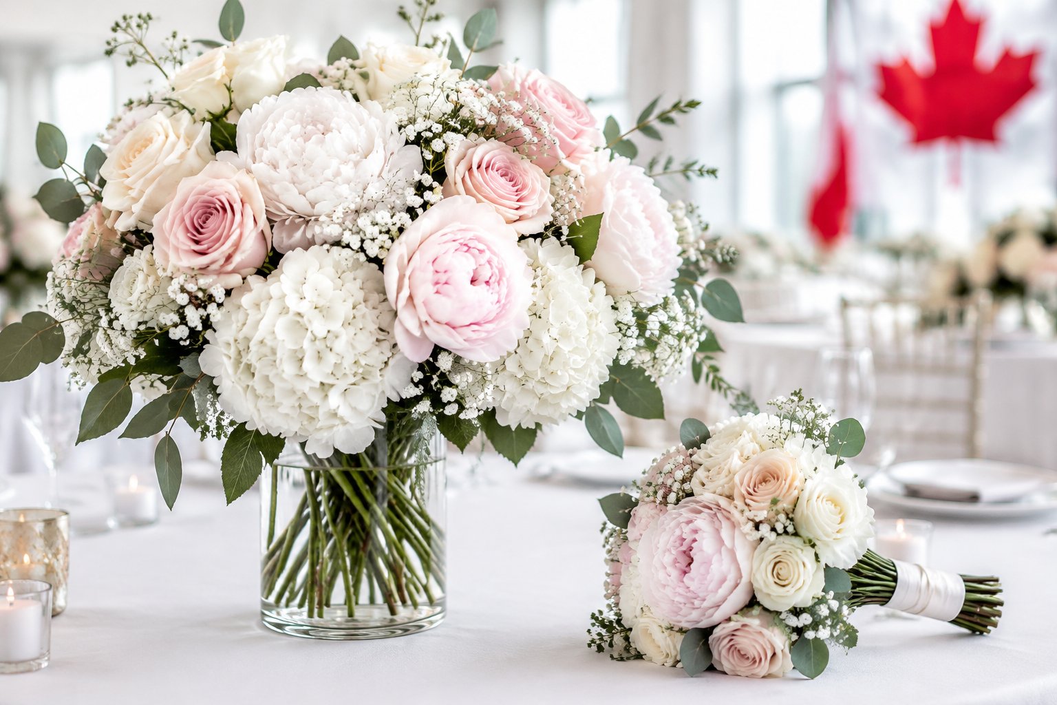 White and blush wedding flowers arranged on an elegant reception table with a small bridal bouquet.