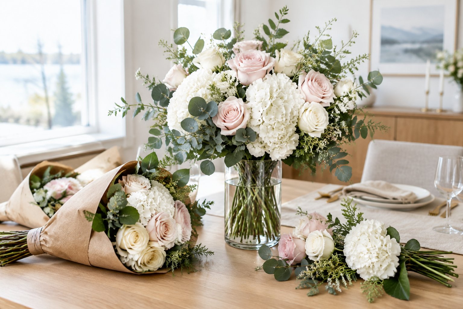 White and blush wedding flowers with greenery arranged in vases on a table.