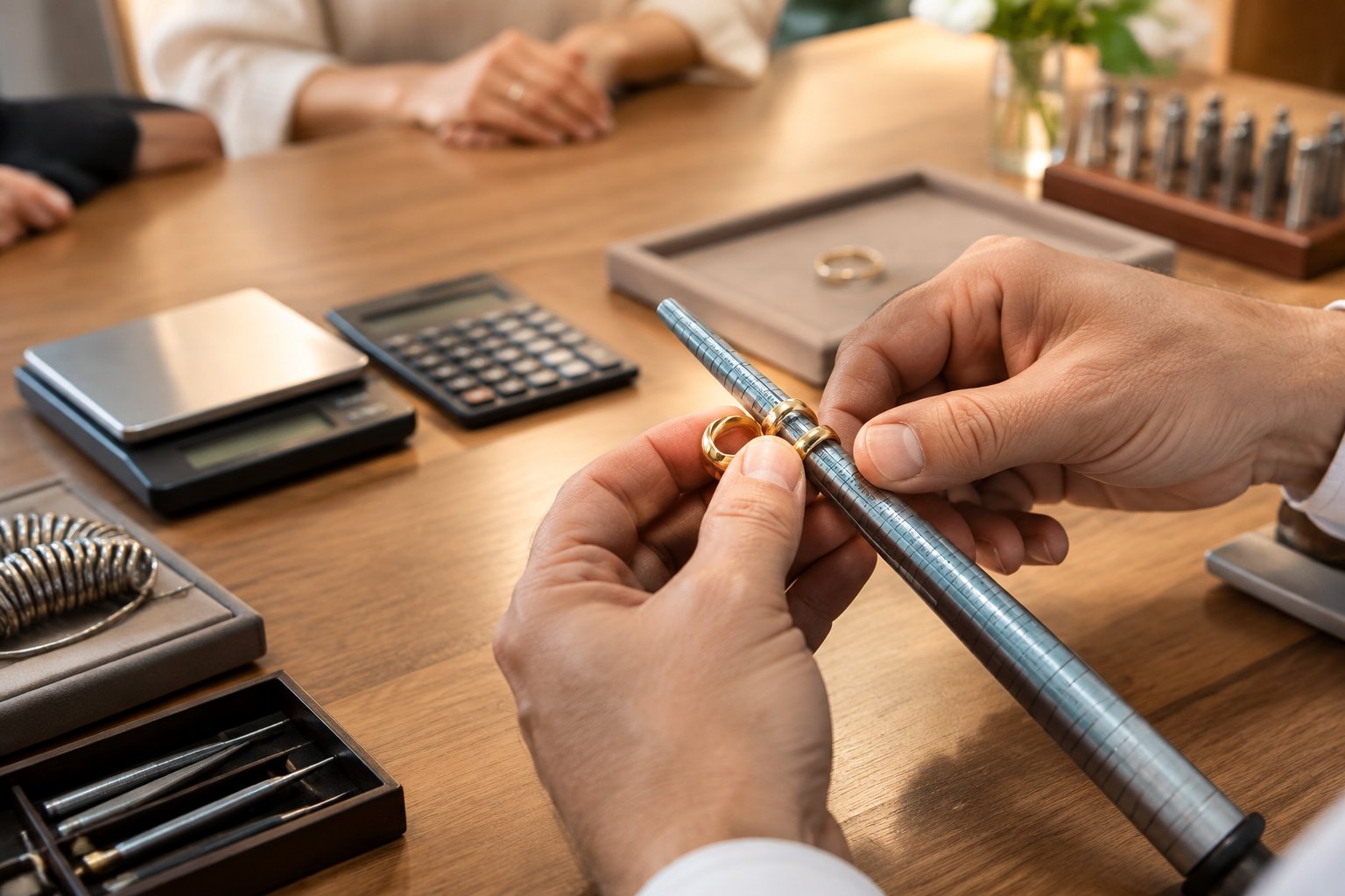 A jeweler measures a gold wedding band with ring-sizing tools at a workbench.