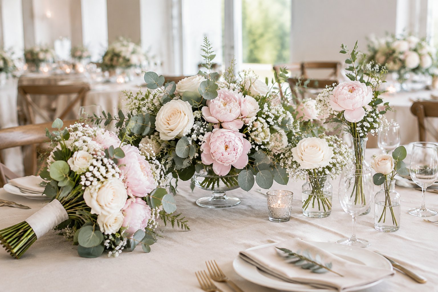 Wedding flower arrangements and a bridal bouquet displayed on an elegant reception table.