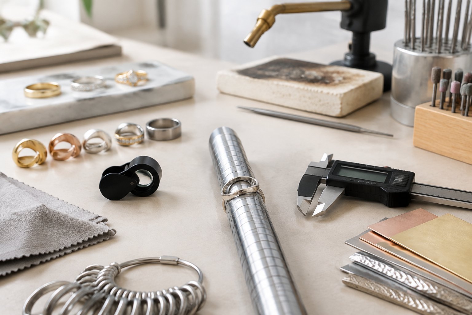 A jeweler measures a wedding band with precision tools on a professional workbench.