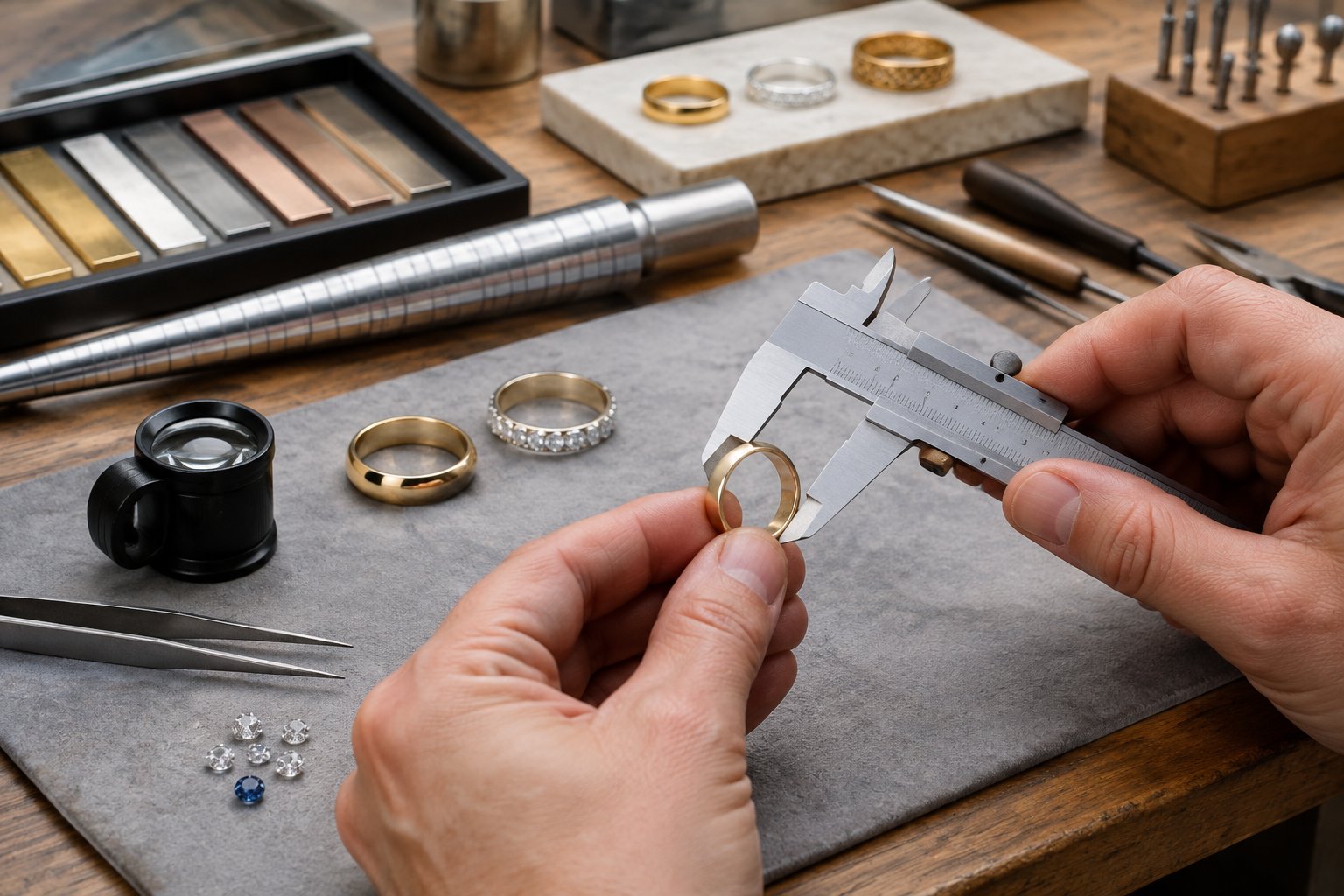 A jeweler measures a wedding band on a workbench surrounded by precision tools and jewelry details.