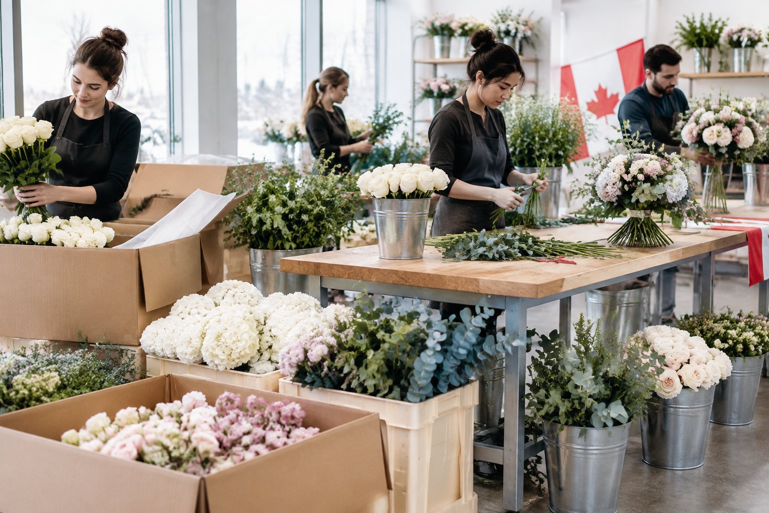 Florists prepare fresh wedding flowers beside delivery boxes and water buckets.