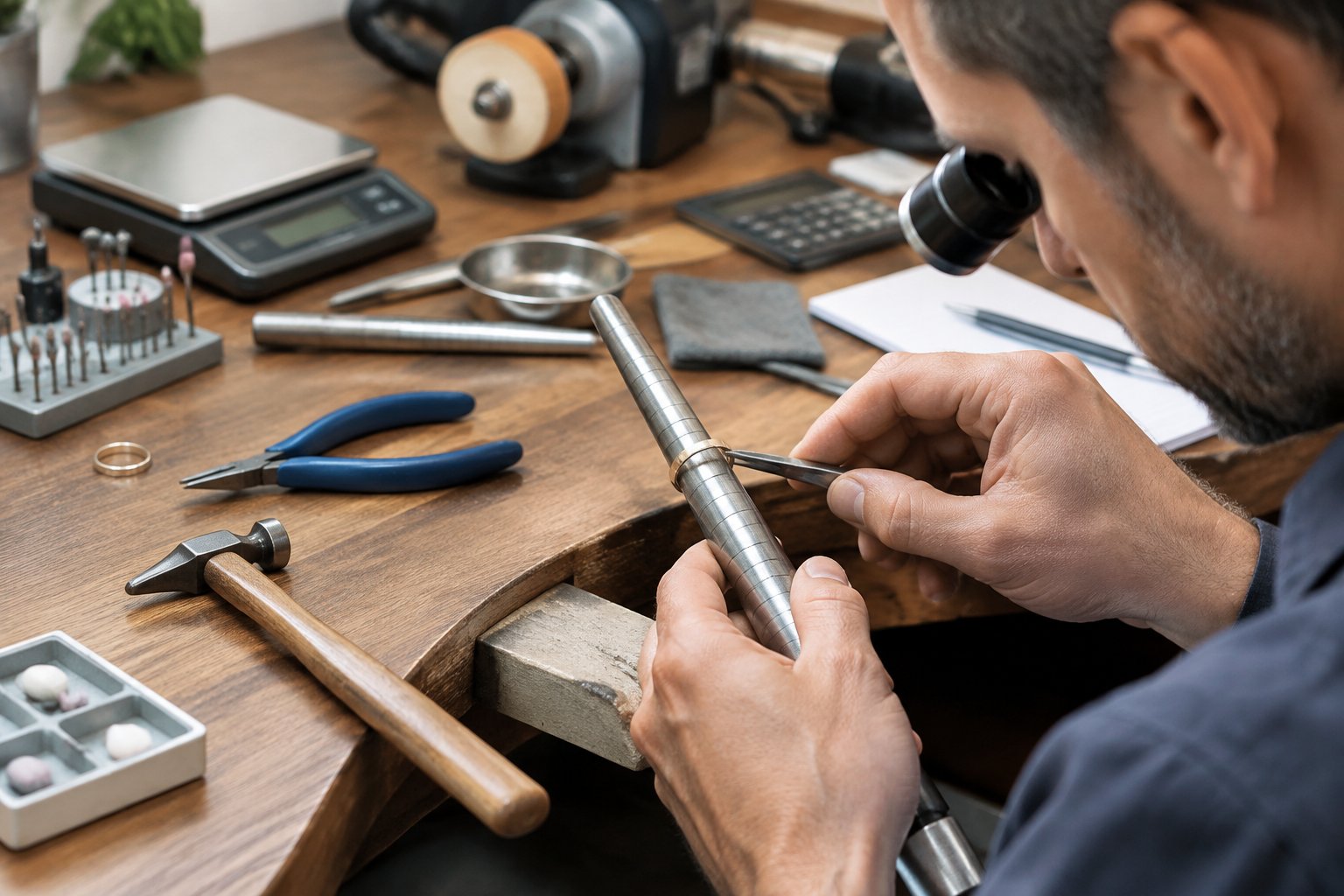 A jeweler carefully resizes a wedding band using specialized tools at a workbench.