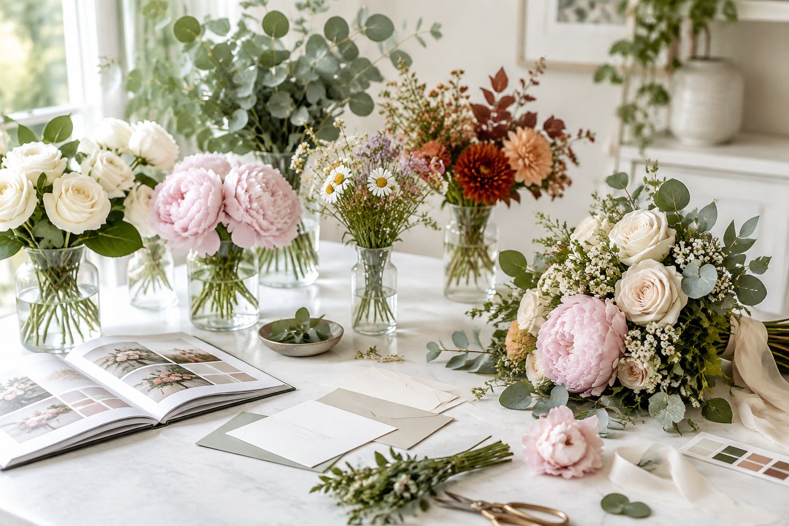 Seasonal wedding flowers and greenery arranged on a table beside wedding planning materials.