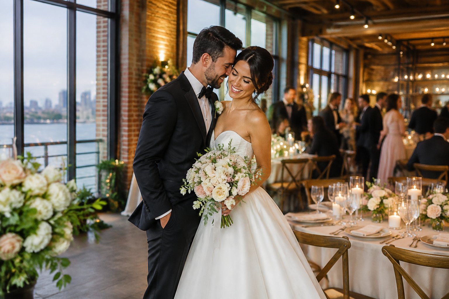 Newlywed couple celebrating beside elegantly decorated reception tables in a Washington, D.C. winery venue.