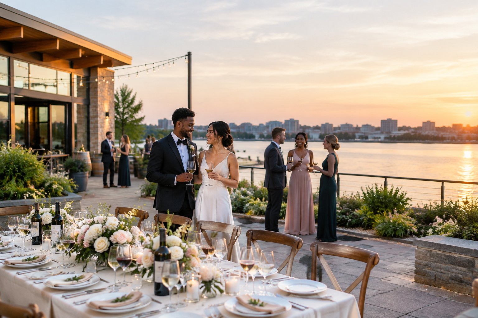An elegant wedding reception beside a waterfront winery with a couple and guests celebrating.