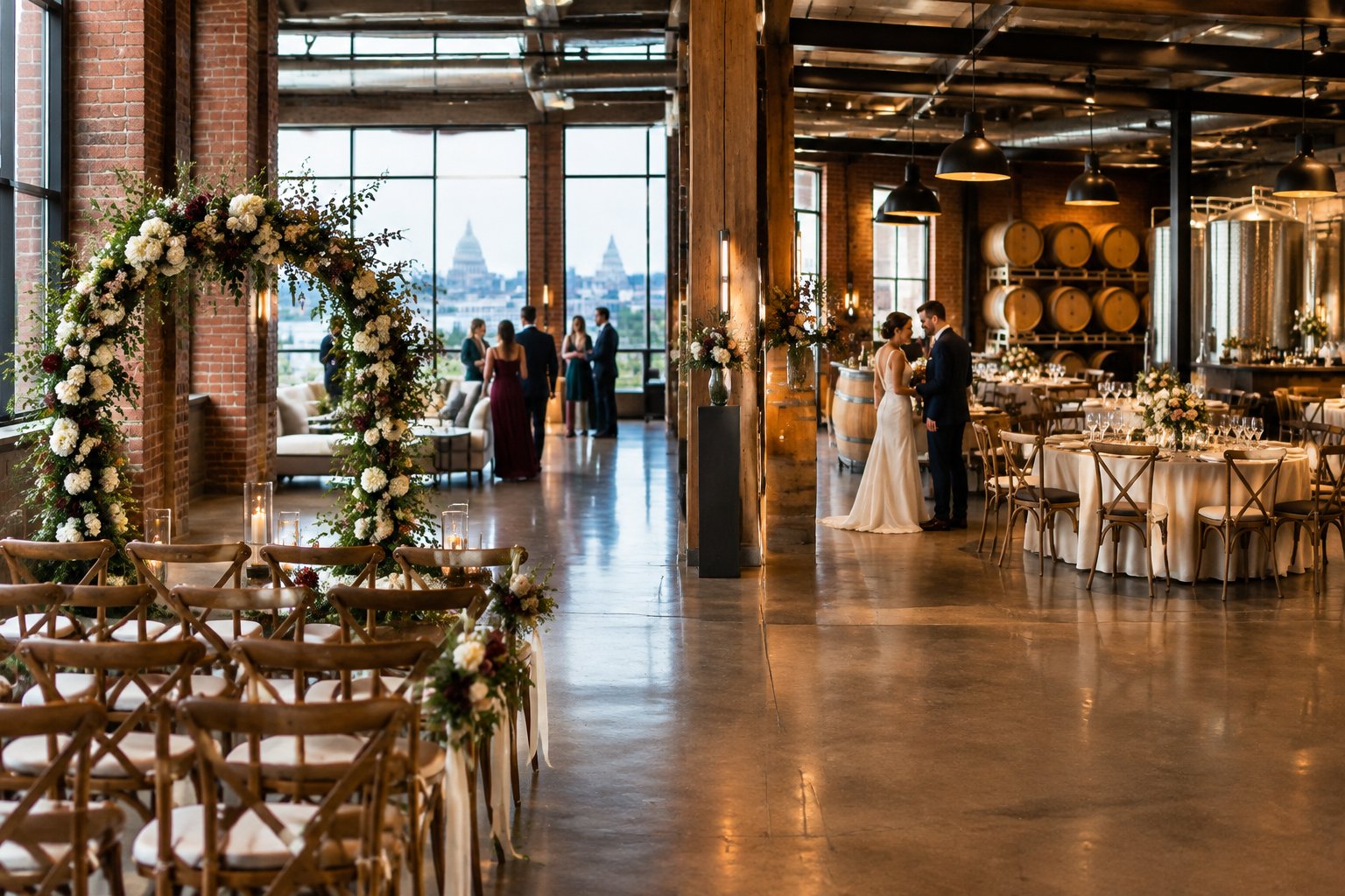 Wedding guests move through an elegant winery venue from the ceremony area toward a decorated reception space.