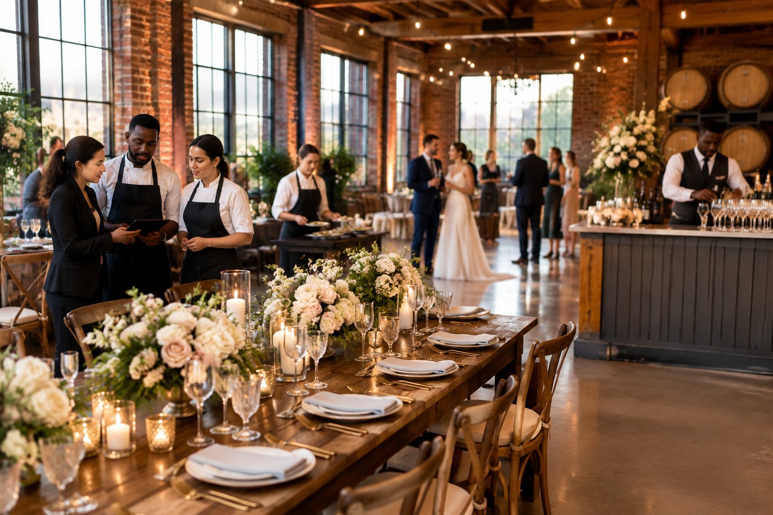 An elegant wedding reception at a Washington, DC winery with decorated tables, catering staff, and guests celebrating.