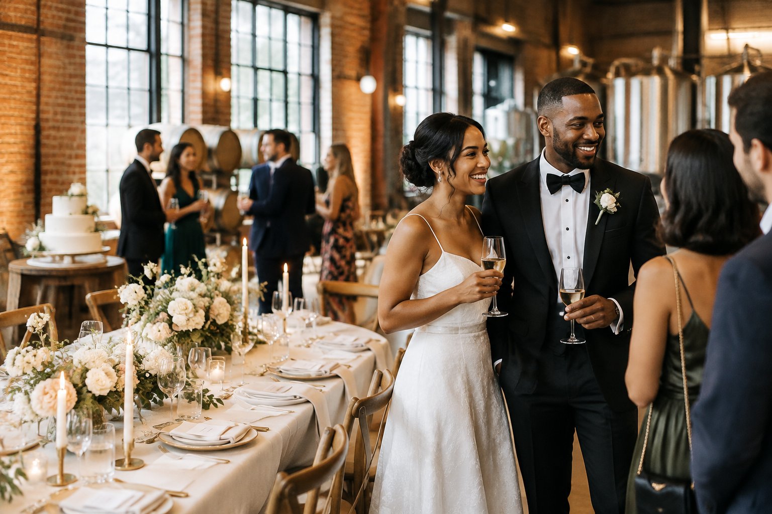 A newlywed couple celebrates with guests at an elegant winery wedding reception in Washington, DC.