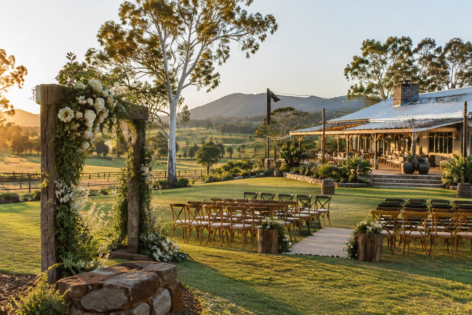 A rustic wedding venue surrounded by green fields, gum trees, and rolling hills.