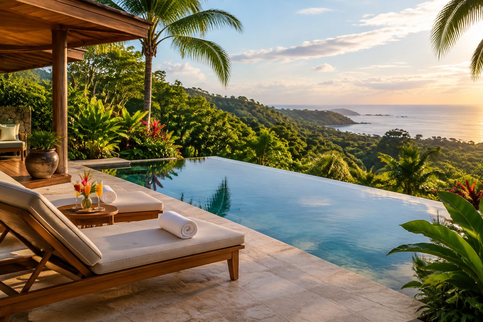 A private infinity pool at a tropical Costa Rican honeymoon resort surrounded by rainforest and overlooking the ocean.